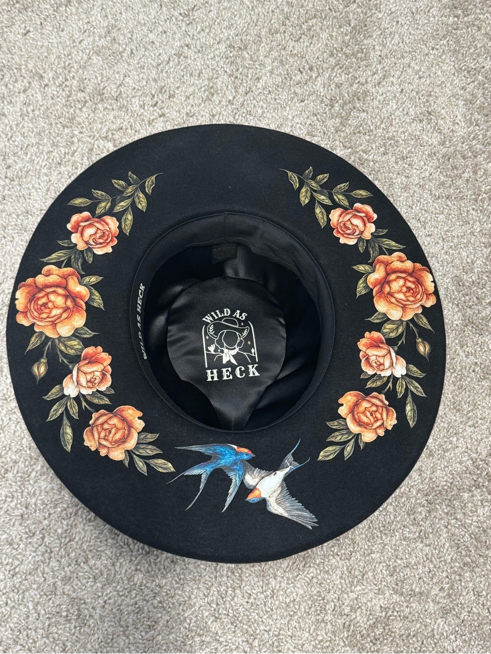 Black Floral & Bird Wide-Brim Hat